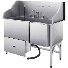Stainless Steel Dog Washing Station, 61 inch Pet Grooming Tub w/ Ramp, Water Filter Board